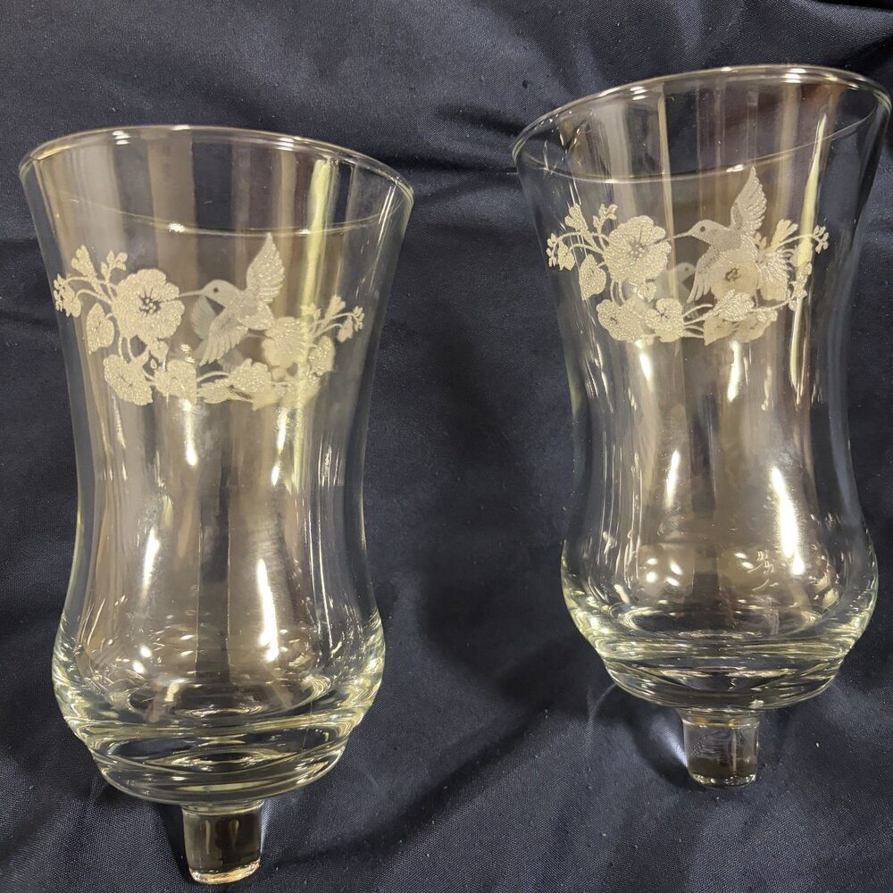 Vintage Homco Etched Hummingbird Hurricane Thick Glass Peg Candle Holder Set -2